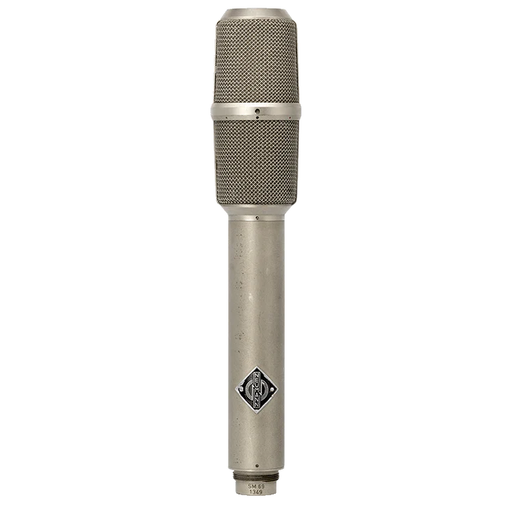 Front view of Neumann SM69 tube microphone highlighting the Neumann badge