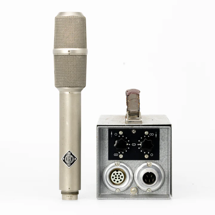 Neumann SM69 tube microphone displayed with matching power supply unit