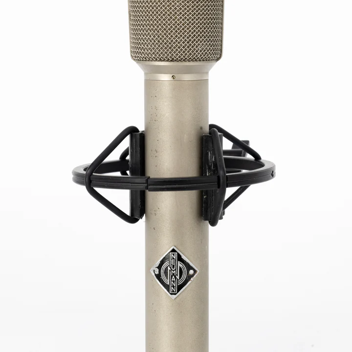 Close-up of Neumann SM69 tube microphone with shock mount attached