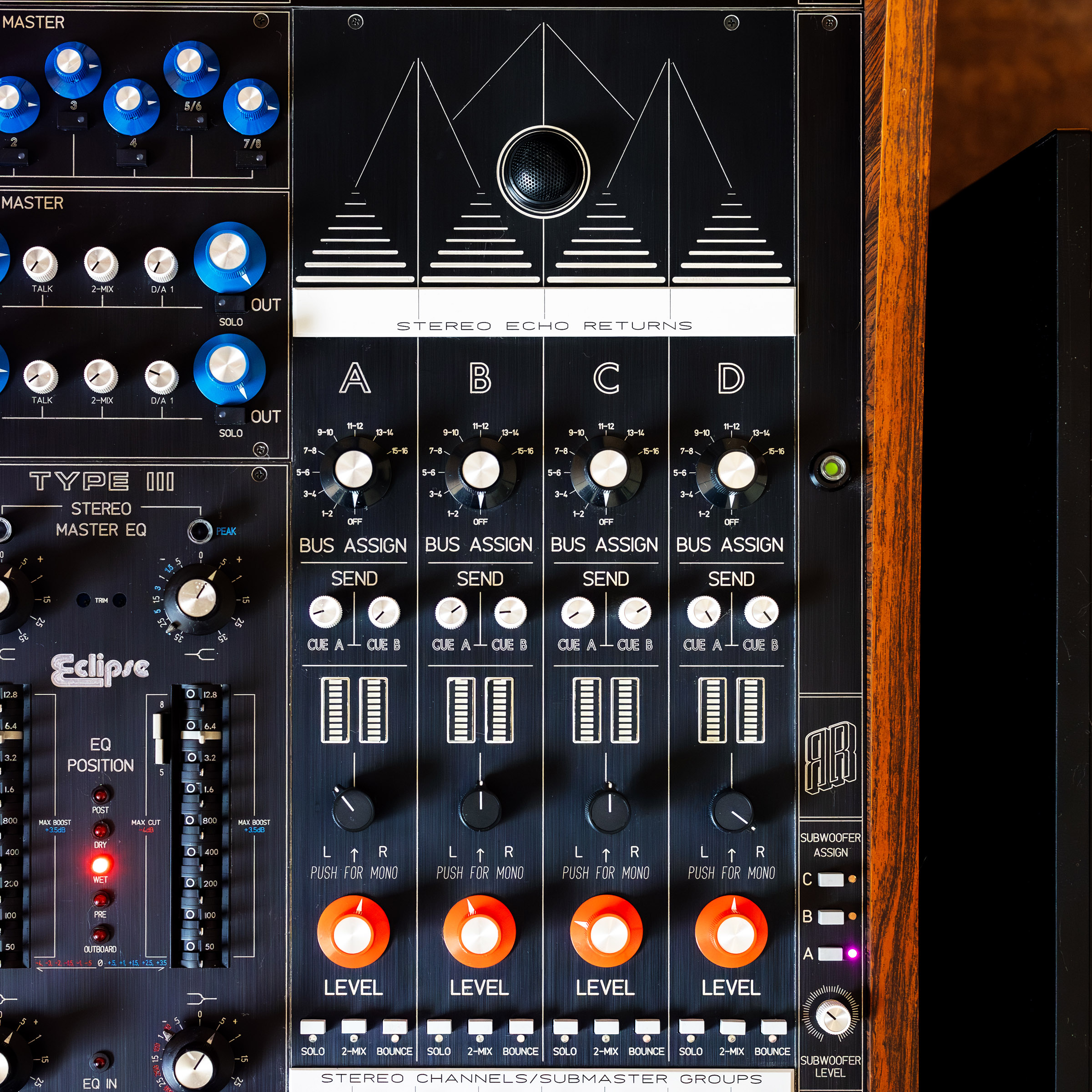 Stereo channels and submaster groups in black and white with faders